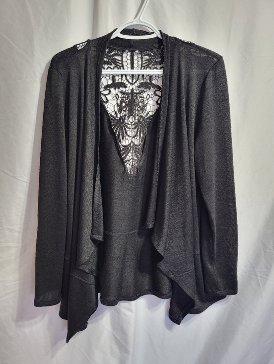 Kismet Sweaters - Kismet Black Open-Front Cardigan with Lace Back, Size Large